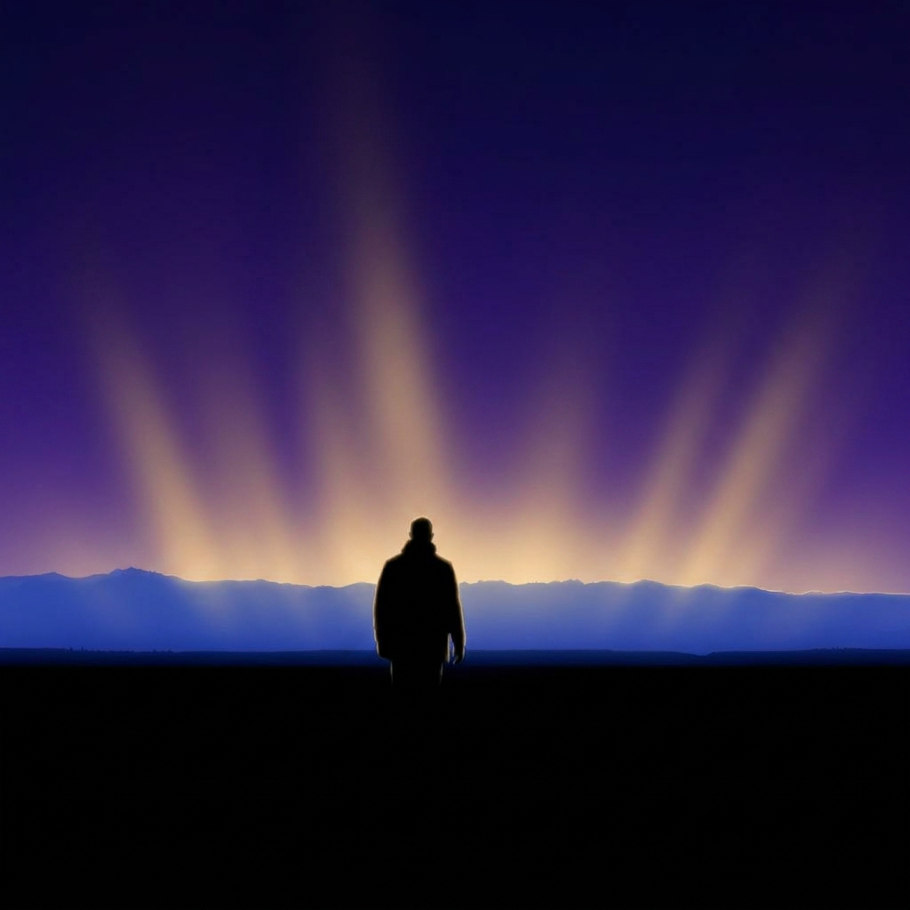 A distant figure walking toward a glowing aurora over mountains.