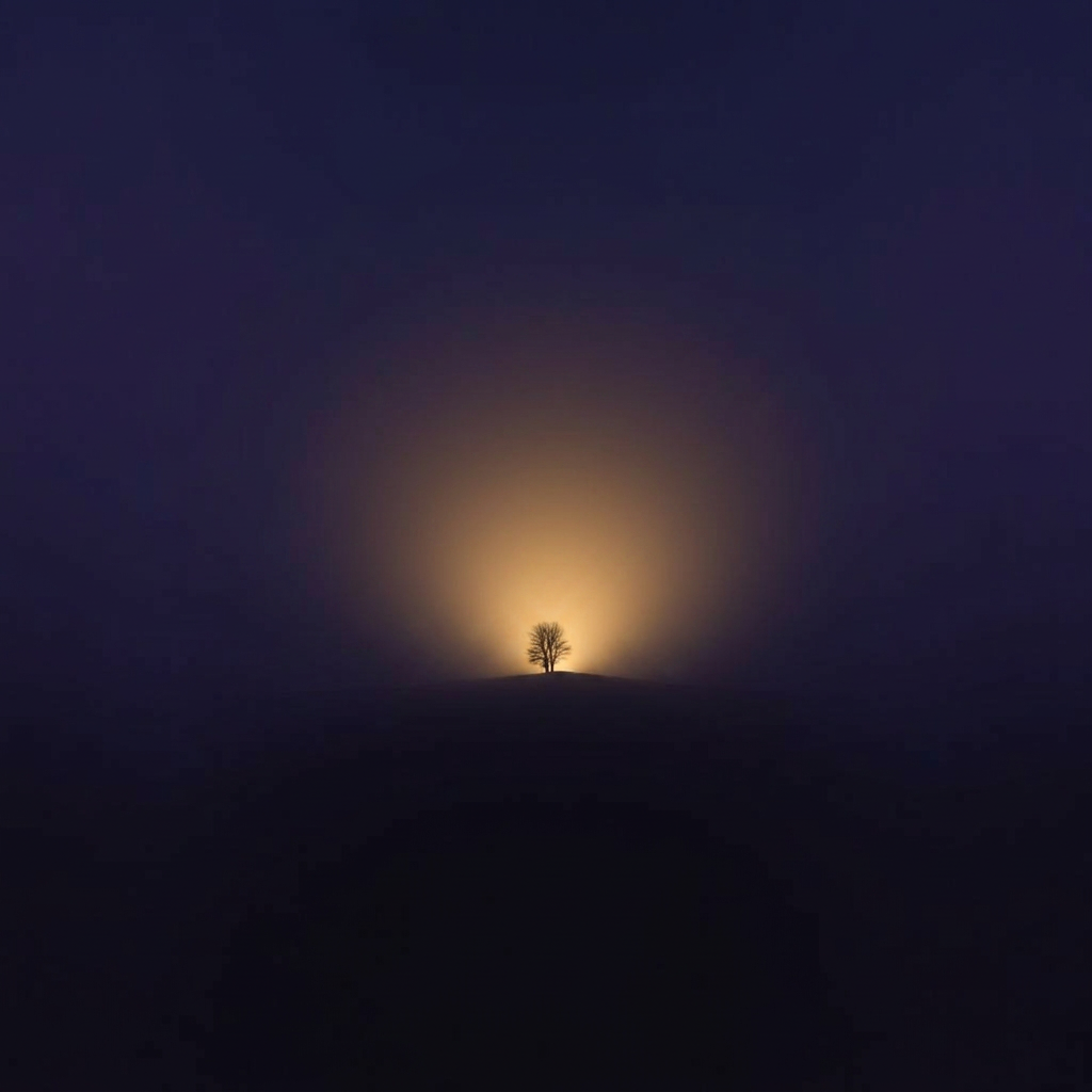 A single illuminated path through fog at dawn.