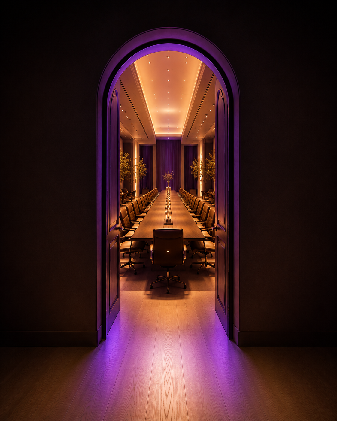 Eight arched open doorways arranged in two rows of four, each glowing with vivid purple light over a white wood floor