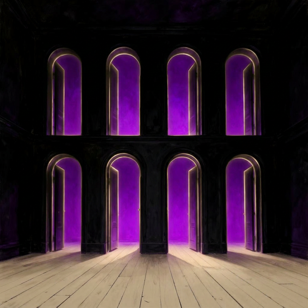 Eight arched open doorways arranged in two rows of four, each glowing with vivid purple light over a white wood floor