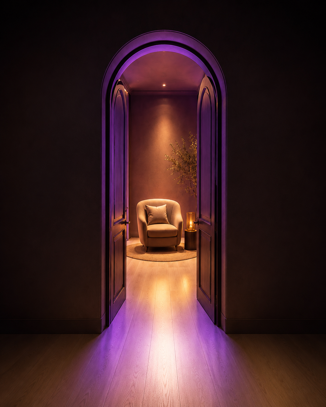 A dark room with a single arched doorway wide open, vivid purple light flooding a white wood floor