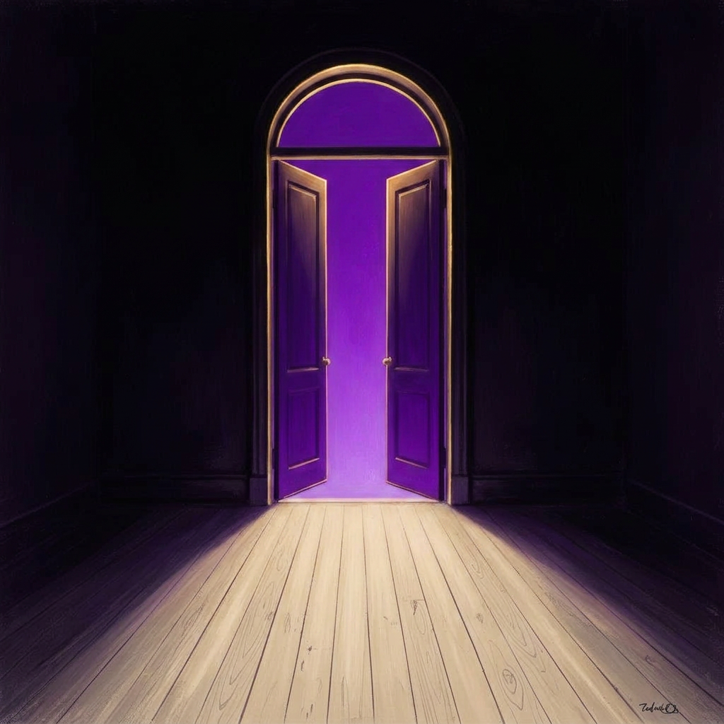 A dark room with a single arched doorway wide open, vivid purple light flooding a white wood floor
