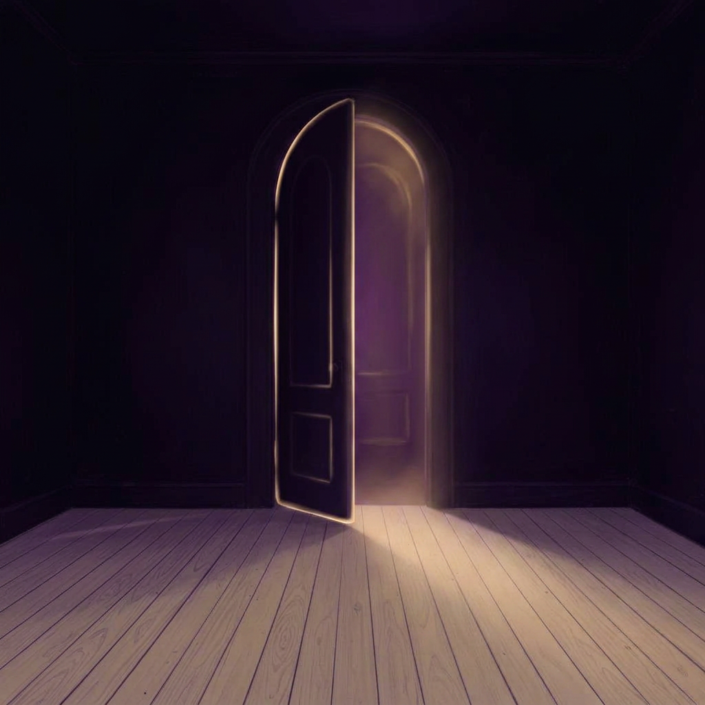 A dark room with a single arched doorway half open, vivid purple light spilling onto a white wood floor