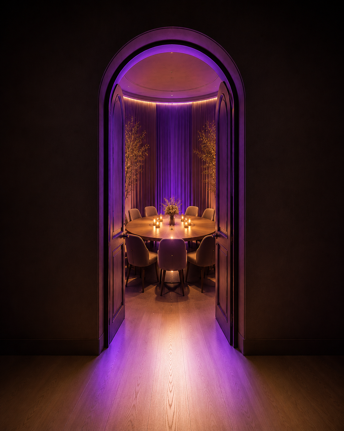 A dark room with a single arched doorway half open, vivid purple light spilling onto a white wood floor