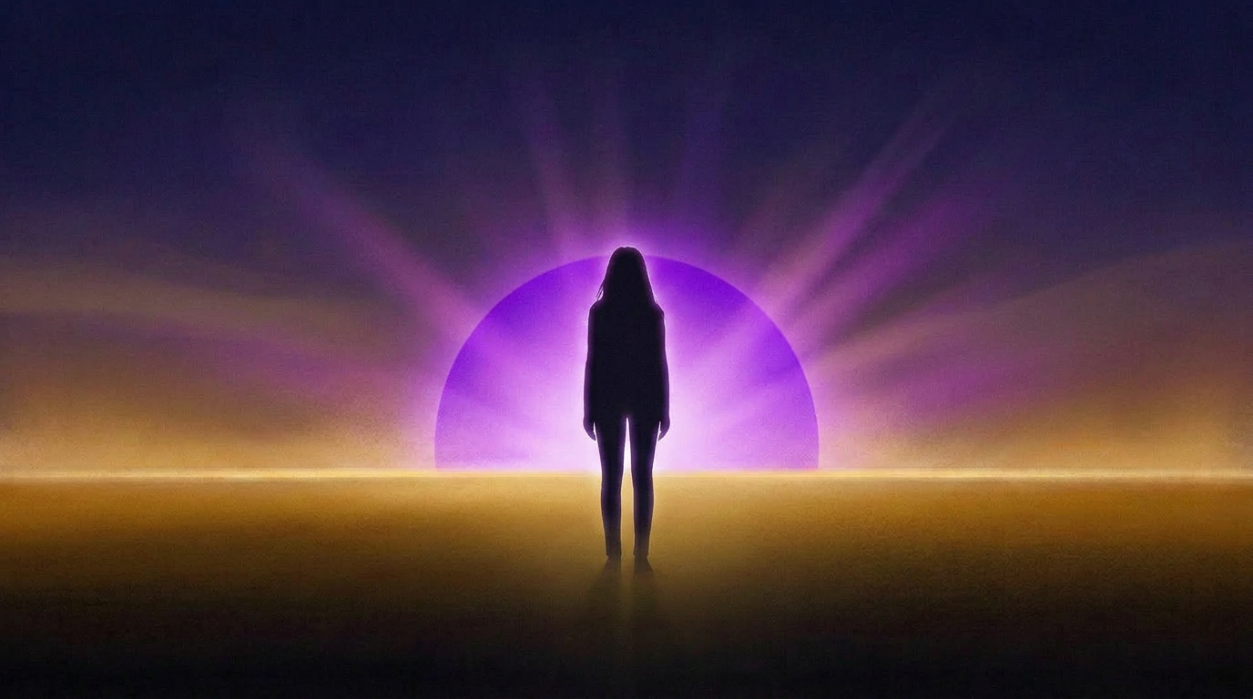 Abstract silhouette of a woman watching a rising purple sun on a gold horizon.