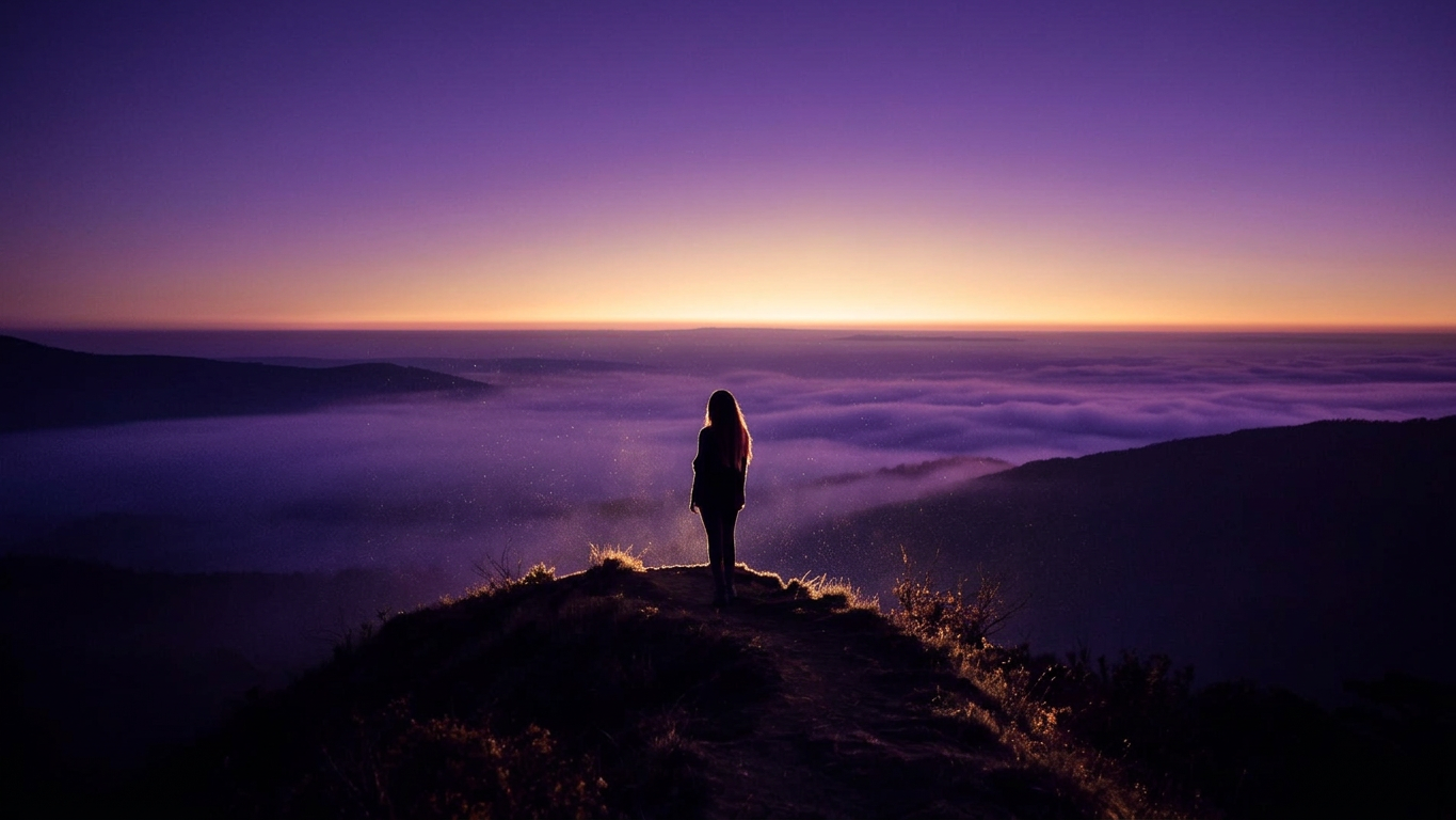 A lone figure on a ridge at dusk, looking out over a sea of fog under a violet sky.